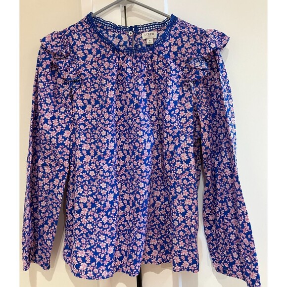 J. Crew Tops - J CREW SHIRT Womens Small Blue Pink Floral Print Ruffle Lace Cotton Long Sleeve